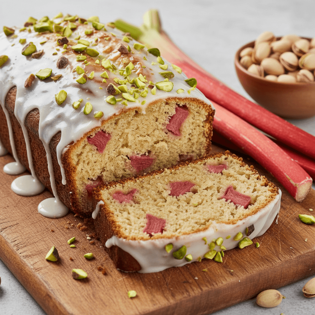 Moist Cardamom Rhubarb Bread with Orange Blossom Glaze