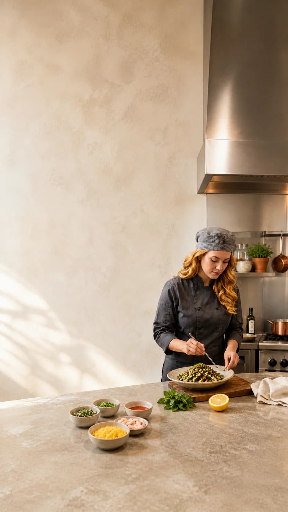 Yara plating a Mediterranean tabbouleh in her kitchen