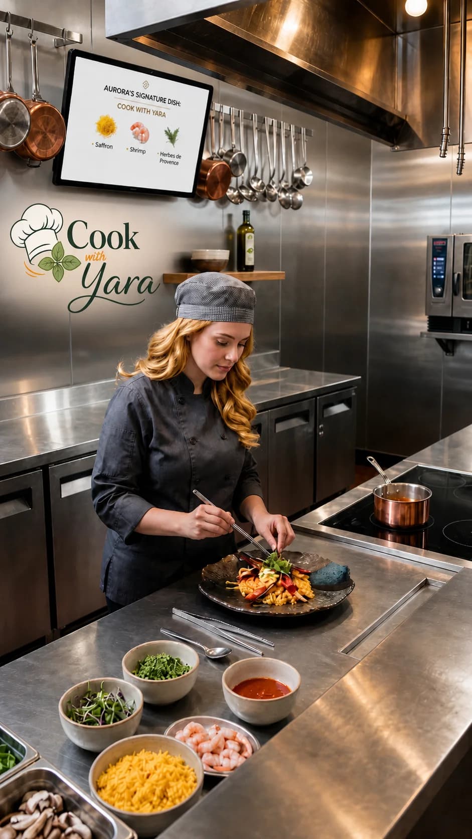 Yara plating a saffron and shrimp dish in her kitchen