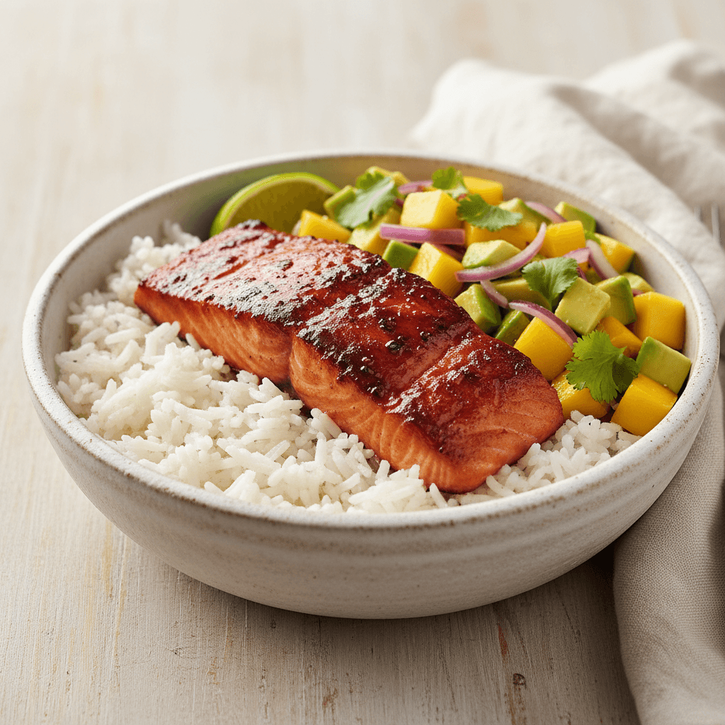 Vibrant BBQ Salmon Bowls with Mango Avocado Salsa