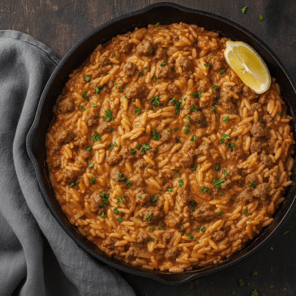 Creamy Ground Beef Orzo with Tomato Sauce (The Best!)