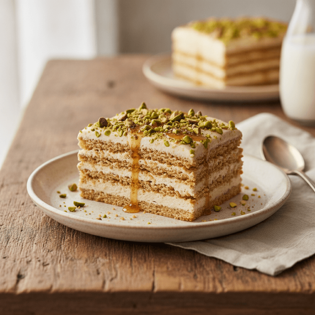 Mediterranean Icebox Cake with Tahini & Pistachio
