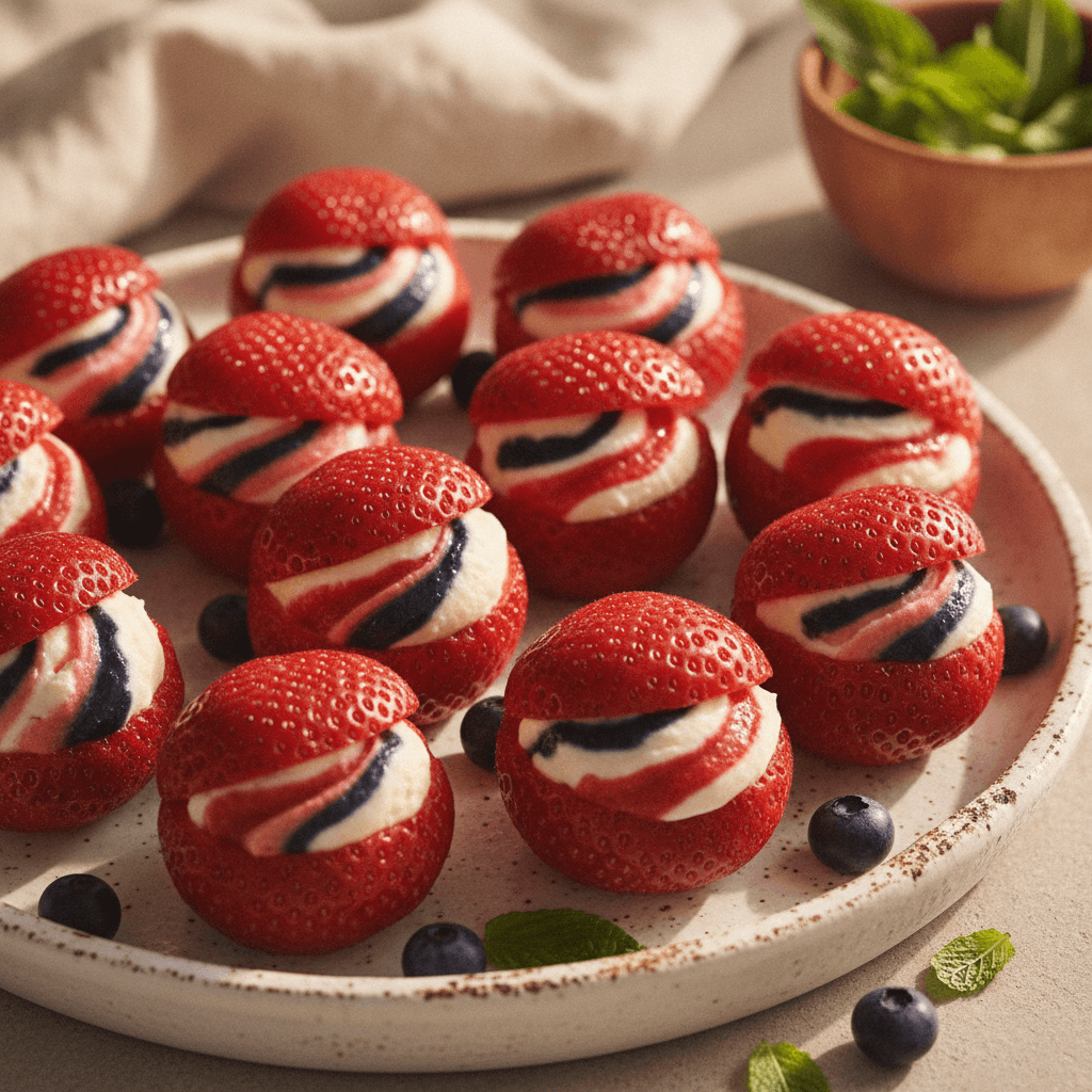 Easy Cheesecake Stuffed Strawberries (Red, White & Blue)