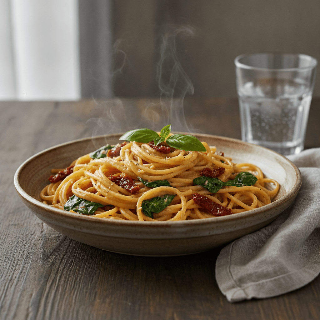 One-Pot Spaghetti & Spinach in Creamy Sun-Dried Tomato Sauce