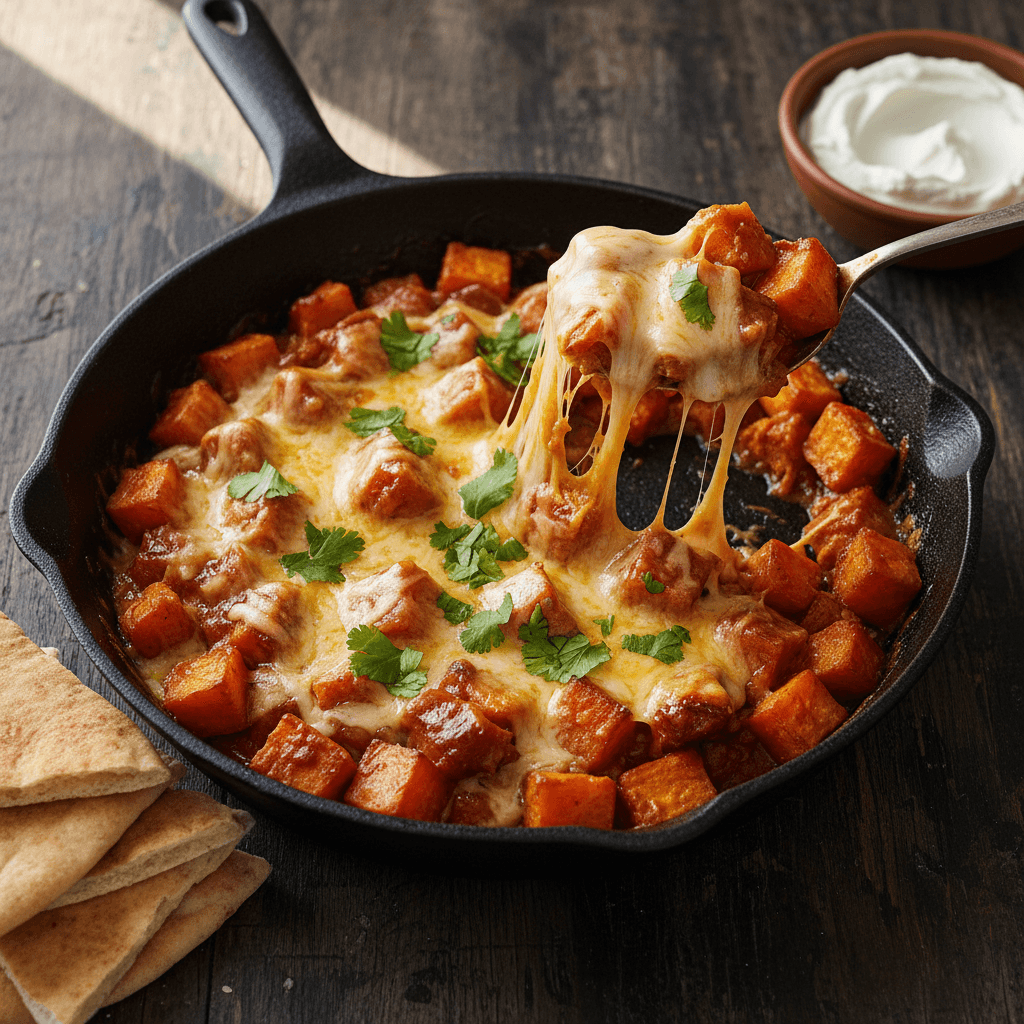 Sweet Potato Skillet with BBQ Chicken & Cheese